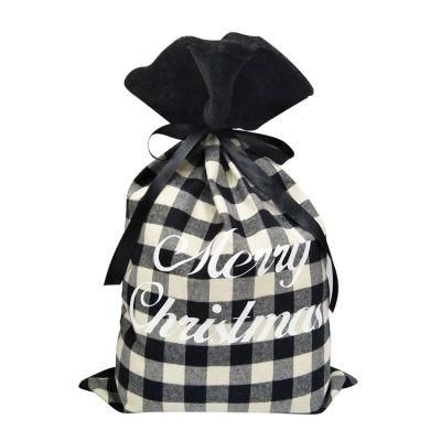 Black and White Cotton Drawstring Bag Velvet Christmas Plaid Santa Sack