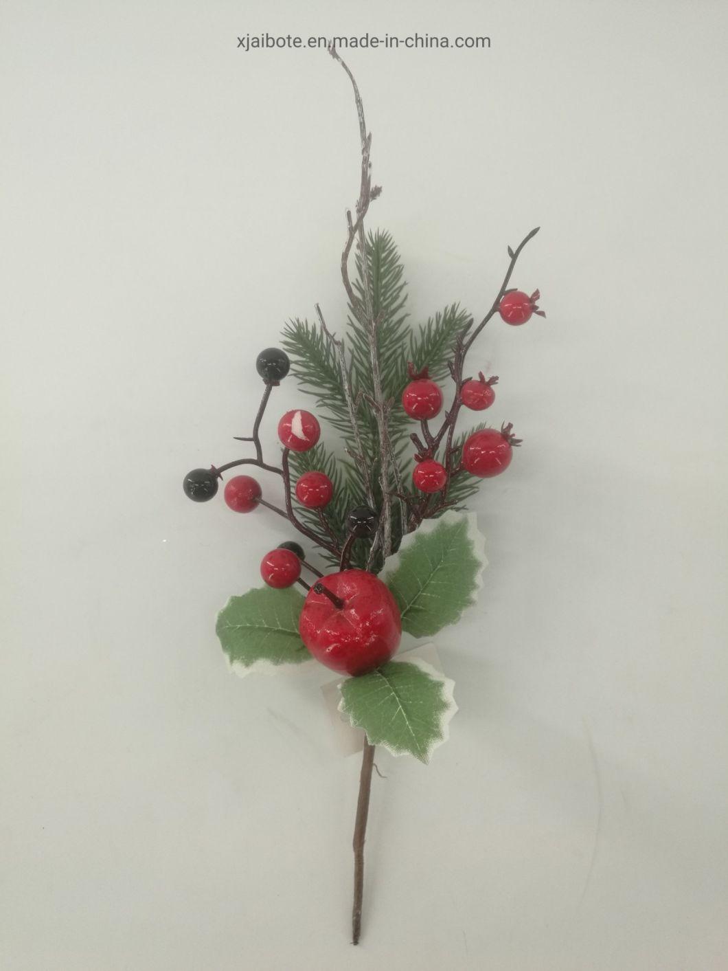 Modern Design Christmas Ornaments Tree Leaves Artificial Plastic Wire Red Fruit Festival Decorations