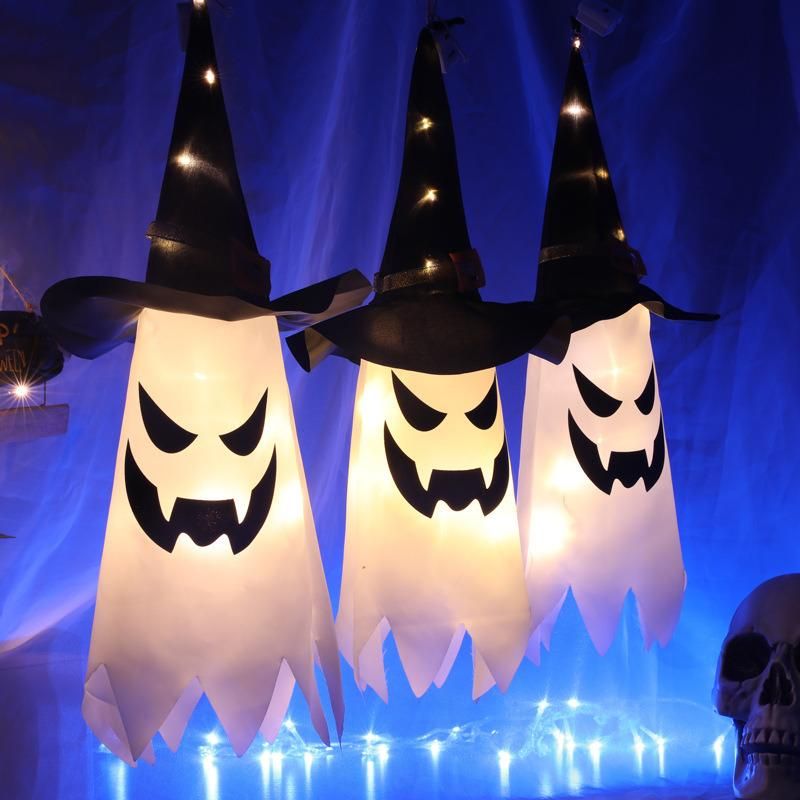 Halloween LED Lights Wizard Hat Hanging Lights Ghost Face Ghost Lights String Ghost Festival Horror Atmosphere Room Decoration Lights