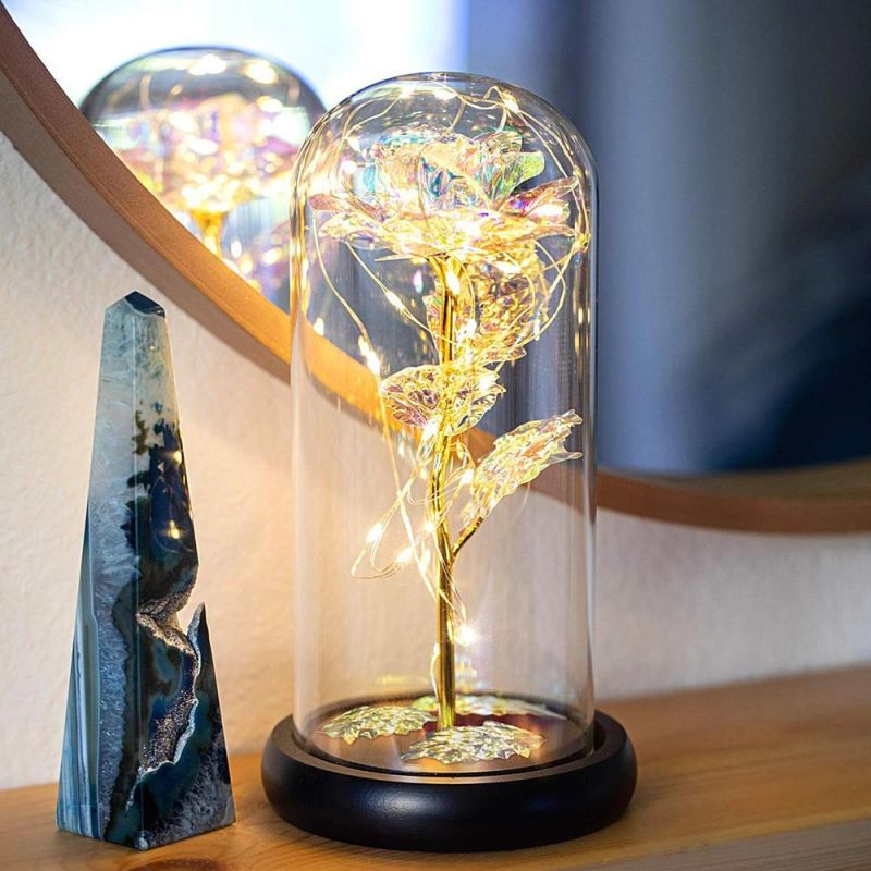 Hot Sale 24K Gold Rose Preserved Galaxy Rose in Glass Dome Wooden Base Valentine′s Gift Enchanted LED Light Rose in Glass