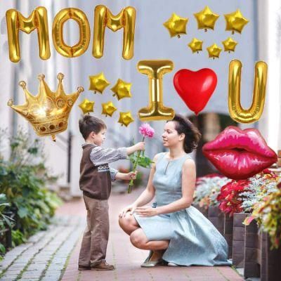 Foil Balloon I Love U Mom Red Heart Kiss Mouth Lip Mother&prime; S Day Party Decoration Kit