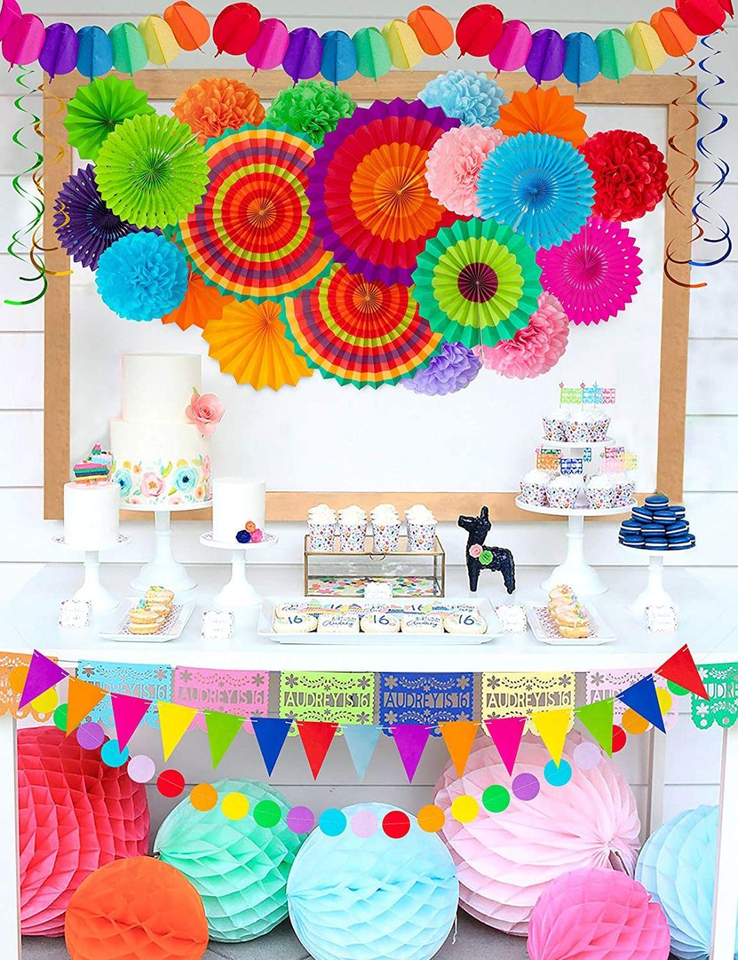Wholesale 35 Piece Carnival Paper Fan Party Decorative Set - Cinco De Mayo Pompons, Pennants, Garland Ropes, Banners, Hanging Whirlpool Decor Supplies