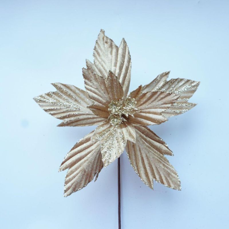 Gold Poinsettia Flowers for Christmas Tree Bronzing Flannelette Gauze Glitter Flowers