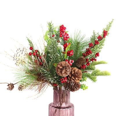 High Quality Artificial Christmas Glitters Pine Leaves Picks with Red Berry