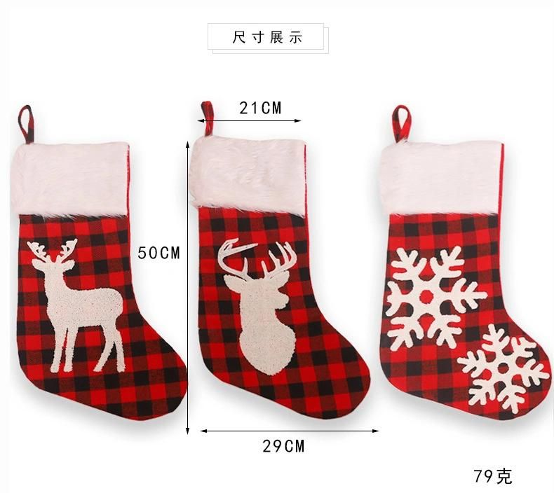 New Cross-Border Christmas Decorations White Fur Collar Jacquard Embroidery Plaid Christmas Stockings Christmas Tree Decorations Hanging Ornaments