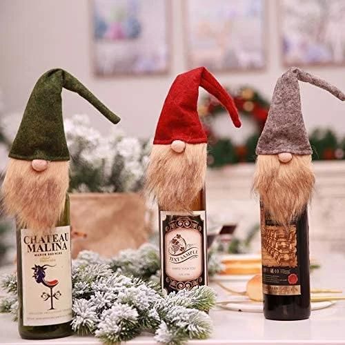 Holiday/Christmas Wine Bottle Cover, Set of 7: Checkers & Herringbone Decors with Faux Fur Collar; Santa Clause, Snowman & Reindeer Drawstring Bags; Bottle