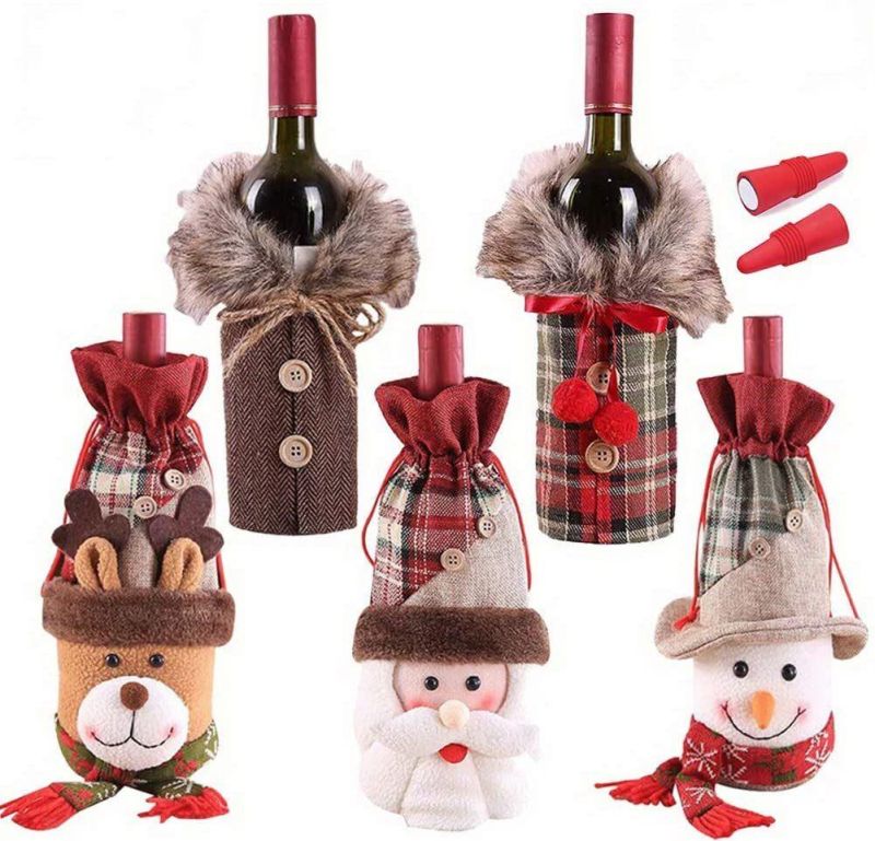 Christmas Wine Bottle Bags with Drawstring Reusable Christmas Wine Bottle Gift Covers Xmas Santa Reindeer Snowman Wine Bottle Covers Gift Bags