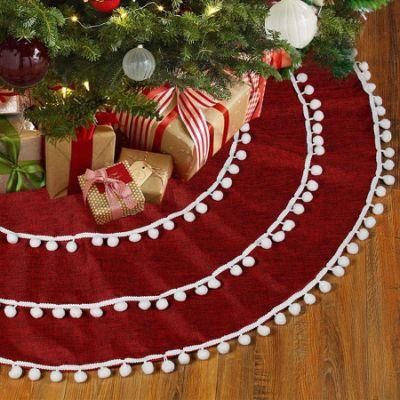 Christmas Tree Skirt 47 Inch Red Linen Xmas Tree Skirts with POM POM for Christmas Decorations, Winter New Year House Decoration Supplies