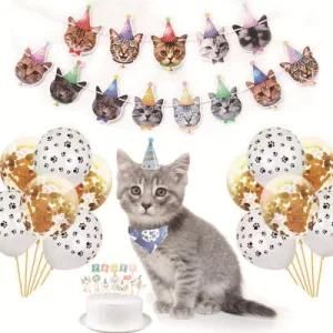 Pet Birthday Theme Party Decoration Cat Cake Card Birthday Hat Scarf Set
