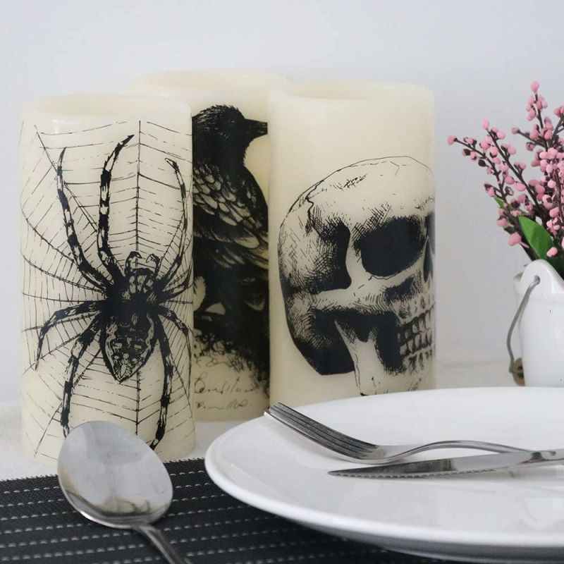 Halloween Flickering Candles with Skull, Spider Web, Crow Raven Decals Set of 3, Battery Operated Halloween Themed LED Candles Horror Spooky Decoration