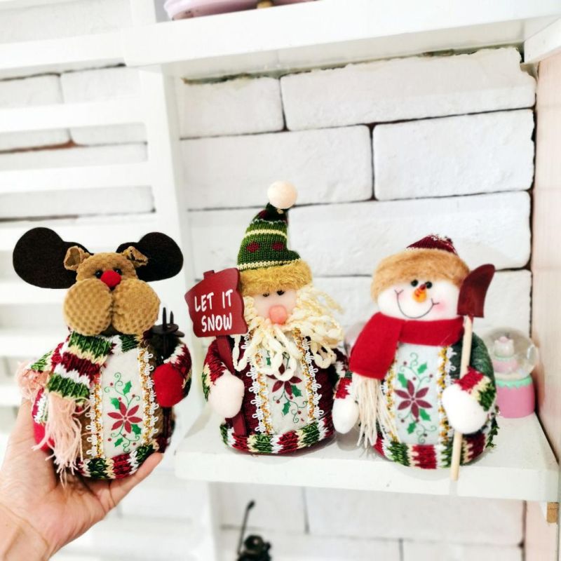 Christmas Decoration Desktop Ornaments Sitting Snowman Wooden Beads Long Legs Cloth Doll Santa Claus Doll