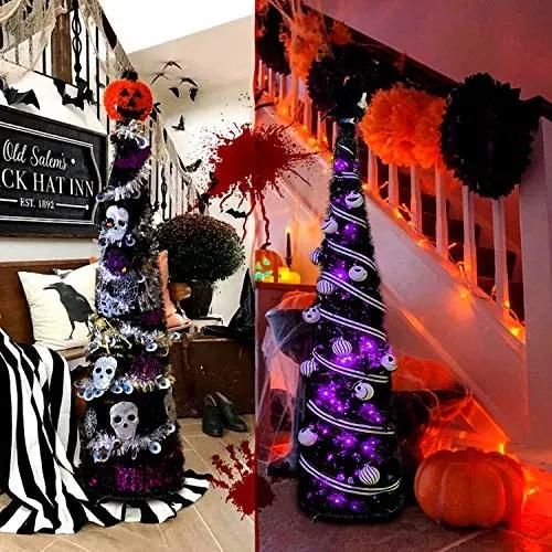 5′ Slim Black Tinsel Pop-up Artificial Halloween Christmas Tree, Decoration Halloween Christmas Trees