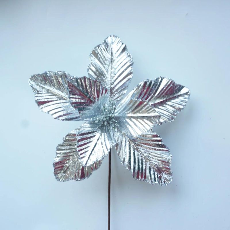 Silver Poinsettia Flowers for Christmas Tree Decoration Glitter Flowers