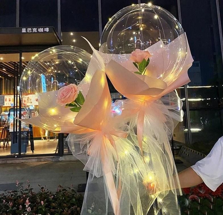 New Hot Sale LED Luminous Balloon Transparent Bobo Balloon Rose Bouquet for Valentines Day Gift