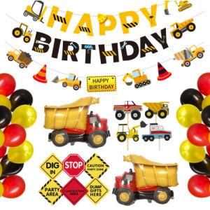 Construction Truck Birthday Banner Cake Topper Foil Balloons Party Supplies