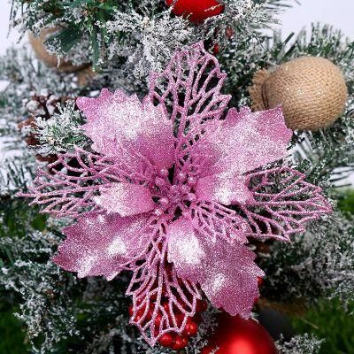 Glitter Artificial Poinsettia Flowers Christmas Wreath Christmas Tree Flowers Ornaments