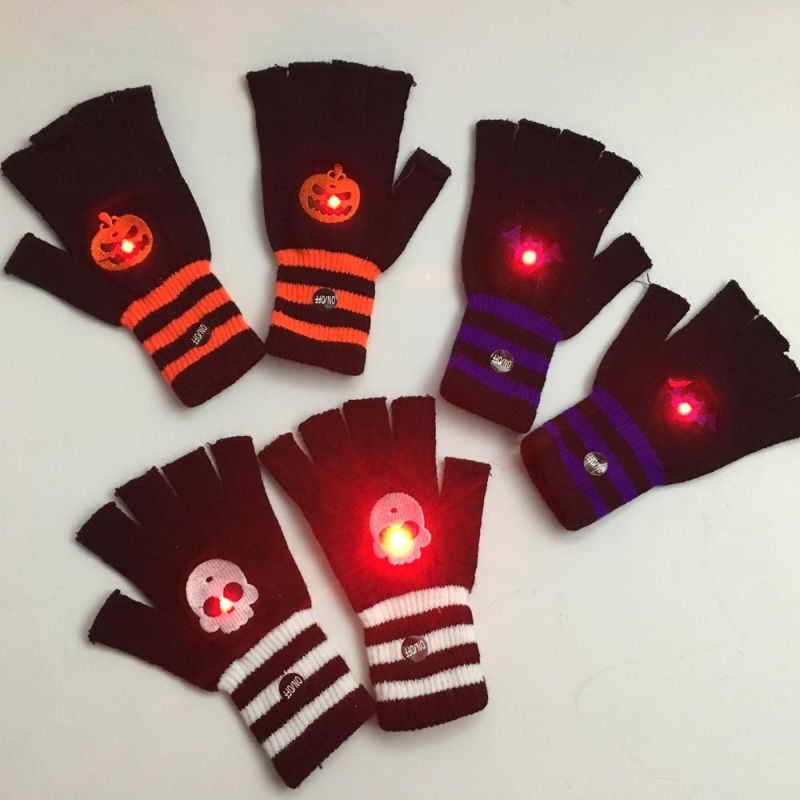 Halloween Knitted Mitten Half Finger Gloves LED