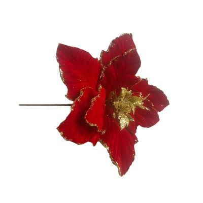 Low Price Fabric Poinsettia Artificial Christmas Flower Ornament Decorated with Matching Glitter and Sequins