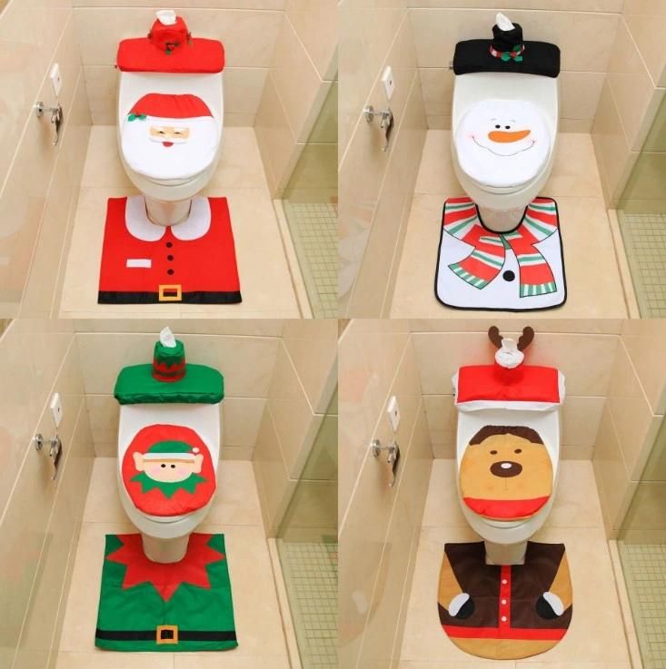 Fancy 3 PCS Christmas Decorations Happy Santa Toilet Seat Cover with Rug