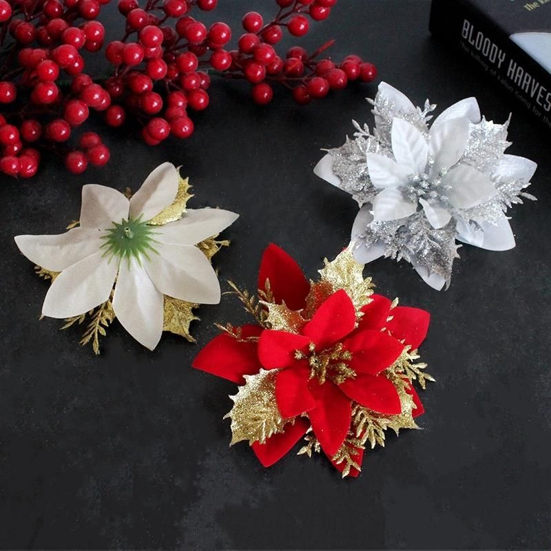 Silver Poinsettia Artificial Flowers Glitter Artificial Christmas Flowers Decorations