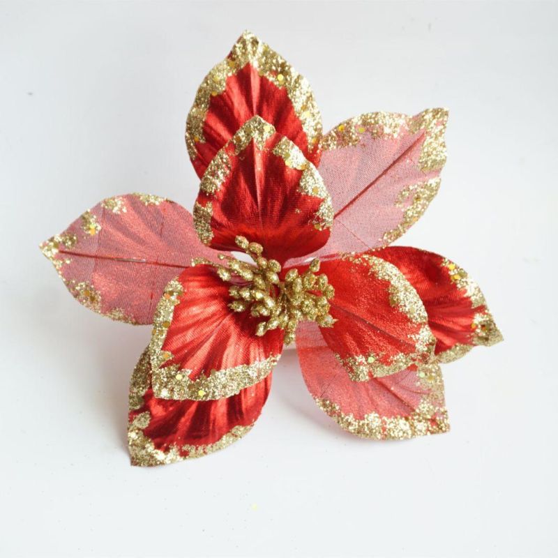 Hot Sale Artificial Simulation Velvet Xmas Poinsettias Flowers with Clip for Christmas Decoration