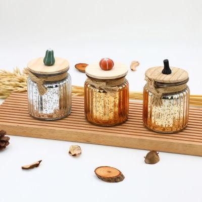 Set of 3 Wooden Cover Hemp Rope Pumpkin Scent Glass Candle for Christmas Decoration