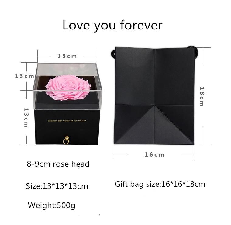 Best Valentine′s Day Gift Real Preserved Rose Flower Single Large 9-10cm Rose in Drawer Gift Box for Decoration