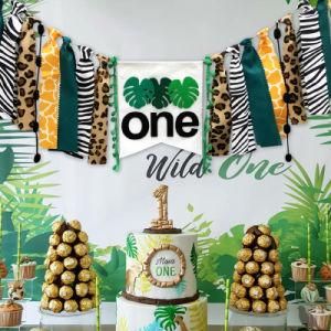 Green Background Forest Animal Theme Banner Baby 1st Birthday Decoration Supplies