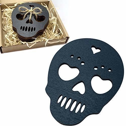 Black Skull Wooden Coasters - This Spooky Gothic Decor Includes 4 Sugar Skull Coasters - Great for Witchy Home Decor Lovers or as Halloween Decorations Indoor