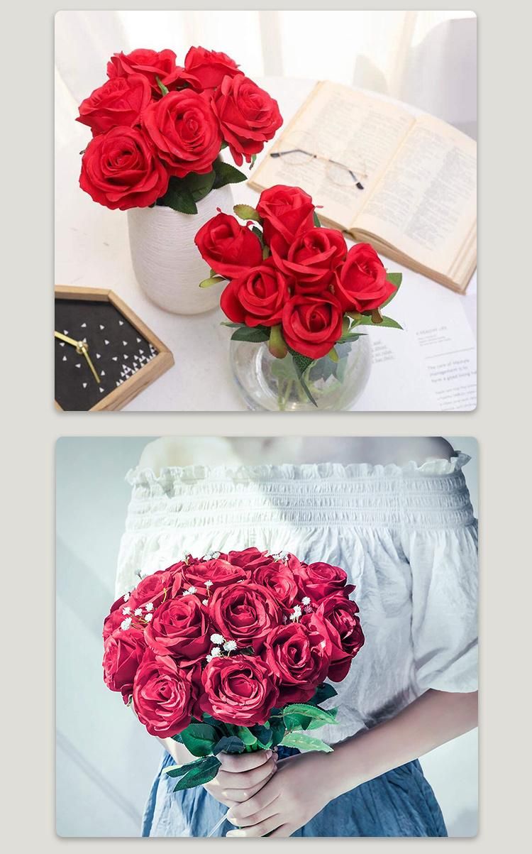 High Quality Real Touch Silk Red Roses Artificial Velvet Rose Flower for Wedding Decoration