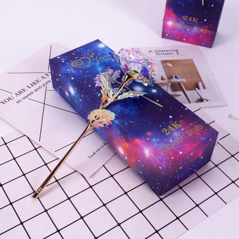 Valentine′s Day Rainbow Galaxy Artificial Crystal Rose Starry Sky 24 Gold Plated Rose Gold Foil Rose Flowers Valentines Day Gift