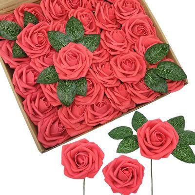 Hot Sale Cheaper PE Rose Heads Artificial Foam Flower Heads with Thin Iron Stem for Box Rose