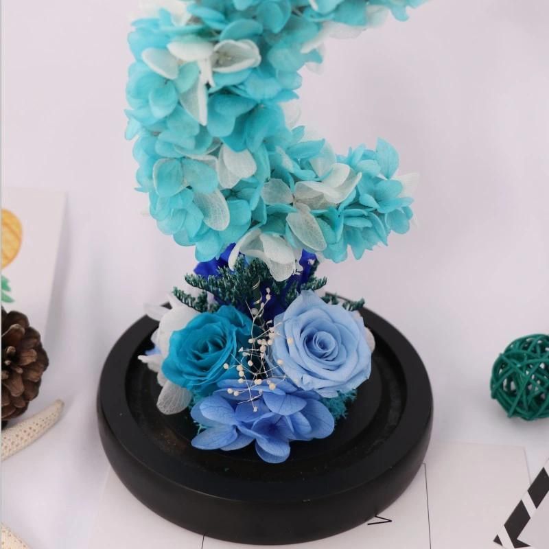 Decorative Flowers Wreaths Type Blue Real Long Time Preserved Roses Preserved Flowers in Glass Dome with LED Light