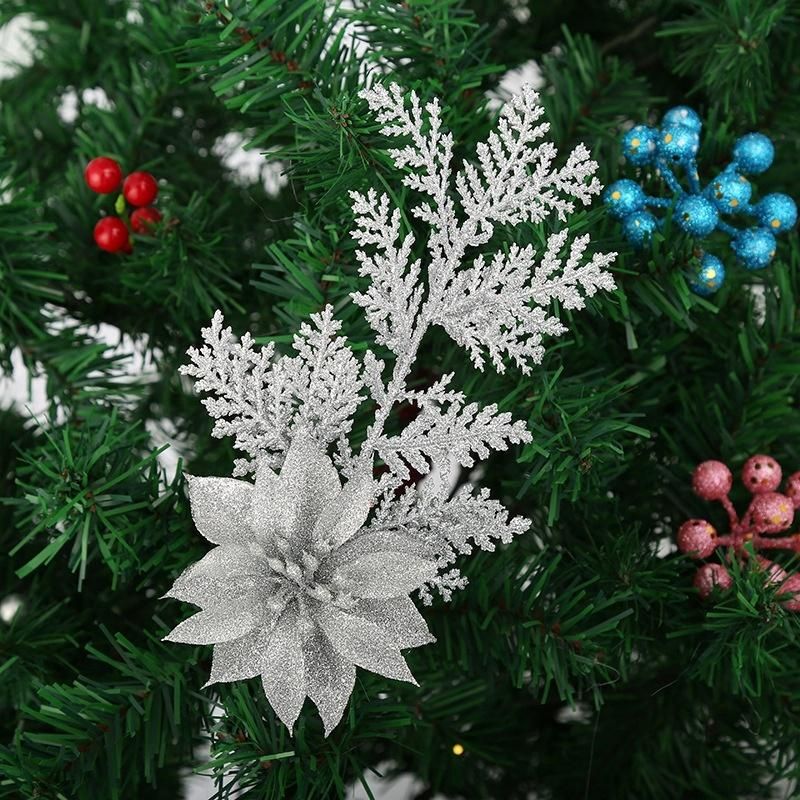 Glitter Pick with Poinsettia Flowers for Christmas Tree Ornaments