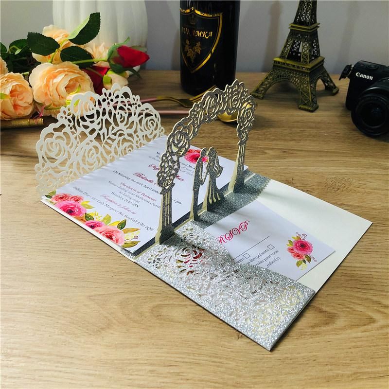 Glitter Laser Cut 3D Handmade Pop up Wedding Invitation Card