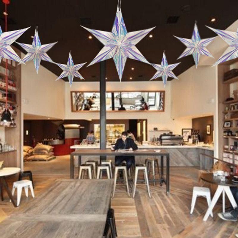 Colorful Film Three-Dimensional Five-Pointed Star Hexagonal Star Hanging Decorations Rainbow Film Hanging Decorations Window Birthday Party Supplies Festival