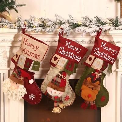 Cross-Border New Christmas Decorations Linen Printing Creative Cartoon Three-Dimensional Santa Stockings Gift Bags Linen Socks