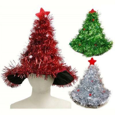 Novelty Mini Christmas Tree Hat with Decorative Stars Adult Rain Silk Christmas Hat