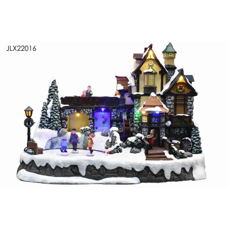 New Design Christmas Village House with LED Lights with Water Wheel Spin and Three Person Roller Skates with Music