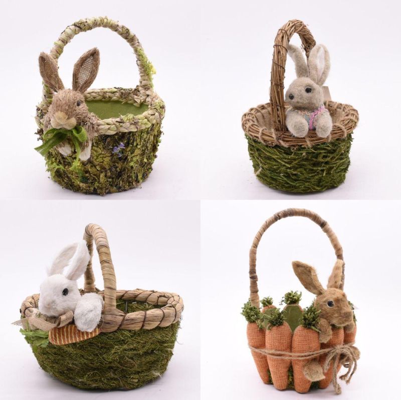 Best Seller Factoty Customized Handcraft Grass Home Table Standing Straw Rabbit Easter Bunny Basket Decoration