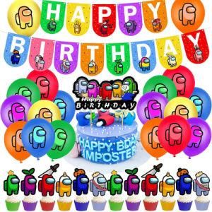 Game Theme Party Banner Children Happy Birthday Cake Topper Balloons Set