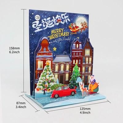 China Printing Black Vintage Wooden Laser Cut 3 D Pop up Music Light LED Christmas Santa Greeting Card