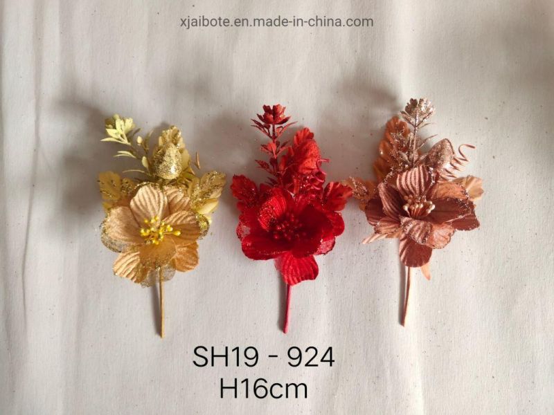 Glitter Xmas Poinsettia Flowers Stem with Glitter Hollow Petals Christmas Ornaments Wholesale