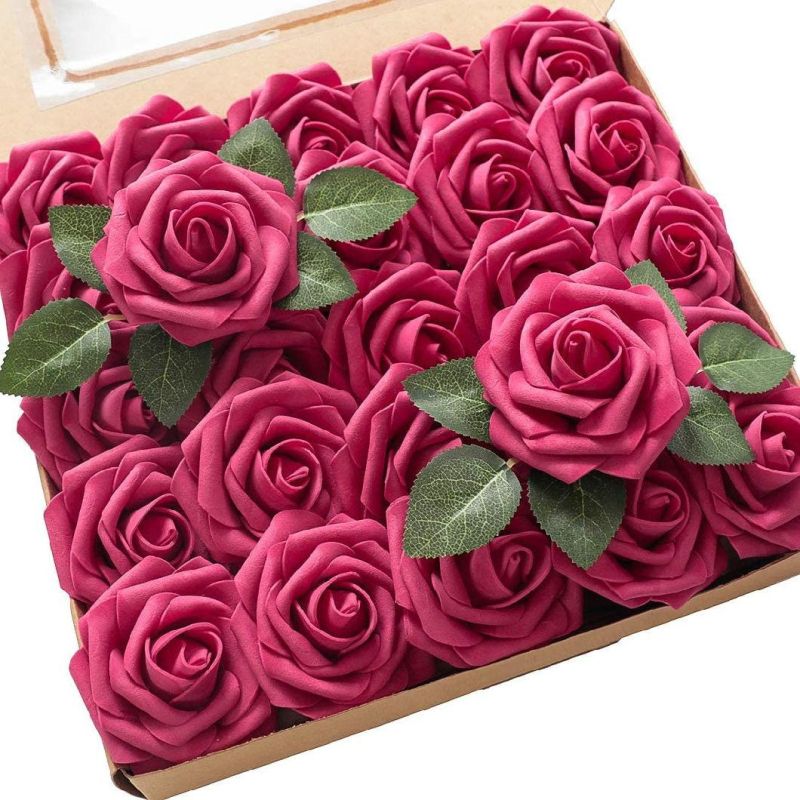 Amazon Artificial Flowers 25PCS Real Looking Burgundy Foam Fake Roses with Stems for DIY Wedding Bouquets Red Bridal Shower Centerpieces Party Decorations