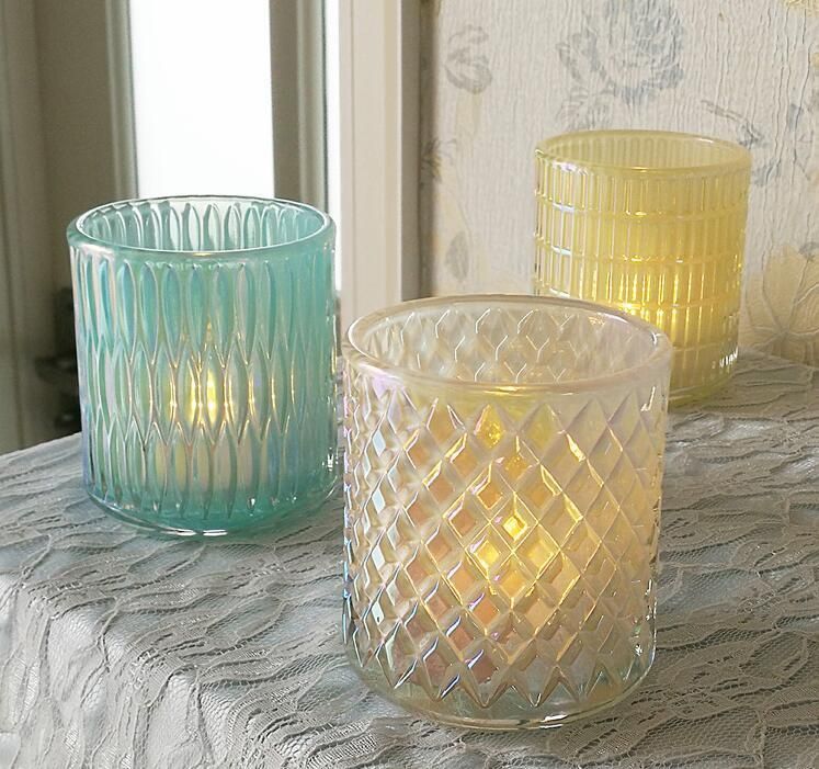 High Class Vintage Cut Colorful Glass Pillar Candle Holders Cups