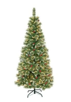 6FT Frosted Green Flowering Pine Needle &amp; PVC Mixed Tips Christmas Tree with Red Berries and LED Lights