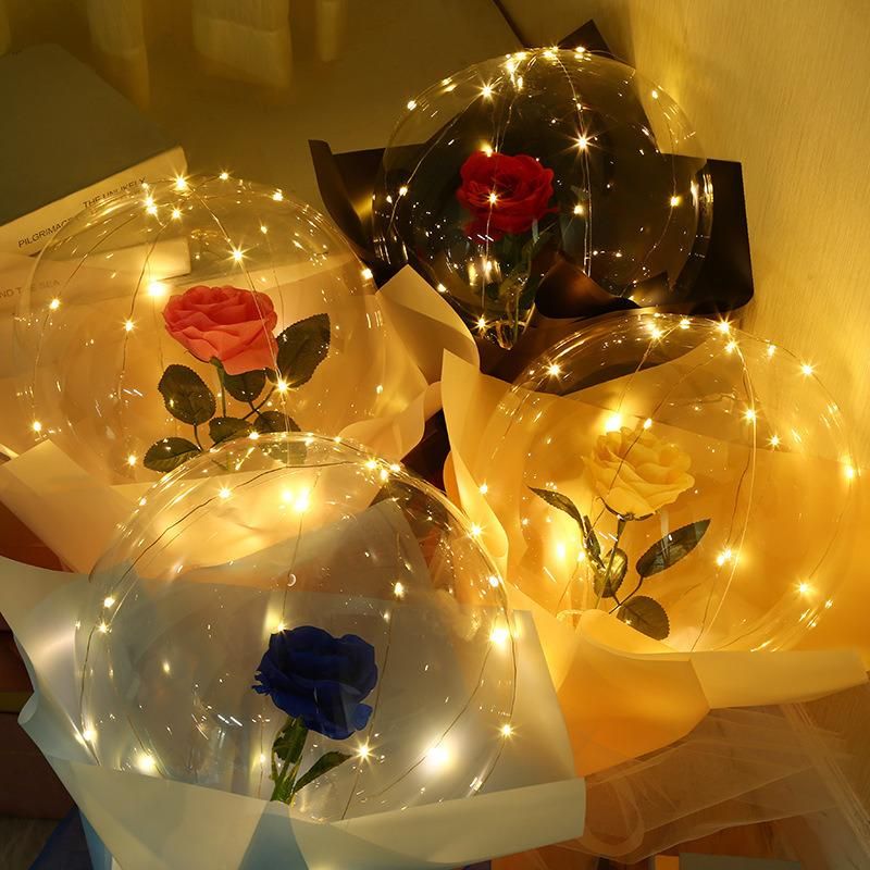 LED Light Transparent Balloon with Rose Flower Bouquet LED Luminous Bobo Balloon