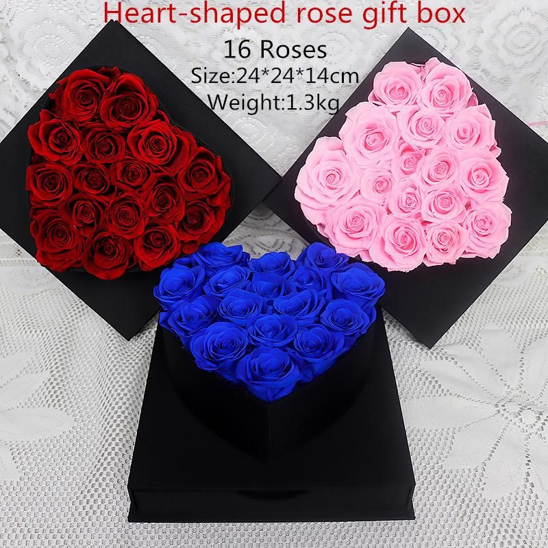 Japanese Technology Beautiful and Romantic Valentines′ Day Gift Preserved Roses Flower 16 Roses in Heart Gift Box