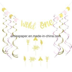 Umiss New Design Pink Gold Glitter Banner Sign, Cake Topper, Swirls, Wild One Boho Tribal Themed First Birthday Party Decoration