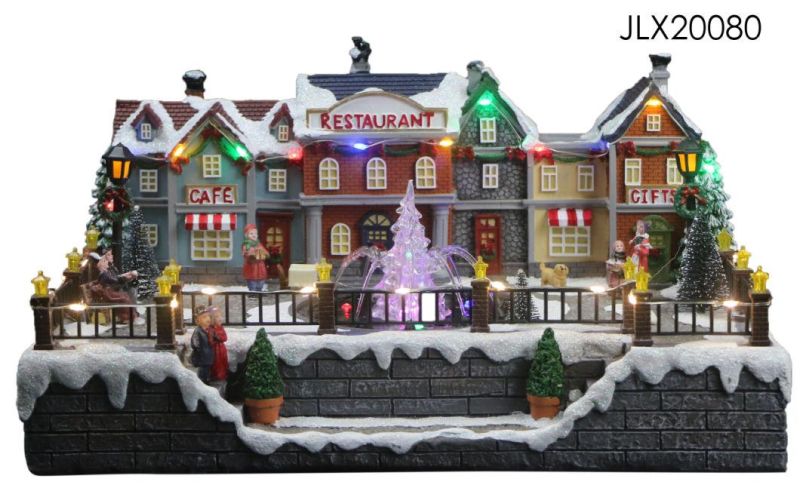 Best-Selling Christmas Village Houses with LED Lights and Four-Person Skates Function with Music